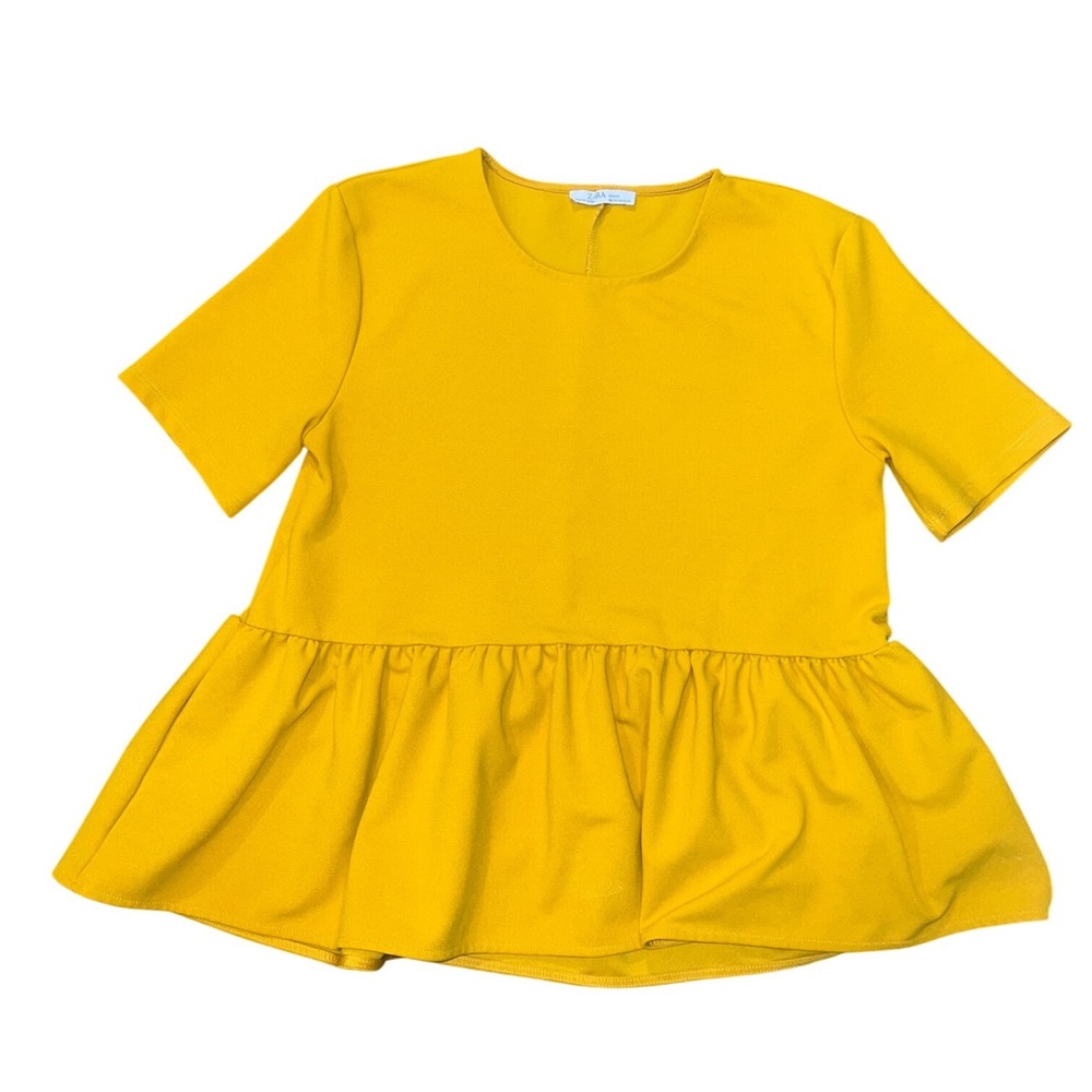 Zara Mustard Yellow Peplum Top Short Sleeve Textured Round Neck Size M Woman
